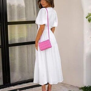 Women’s Summer Causal Dress Puff Sleeve V Neck Solid Tiered Midi Dresses